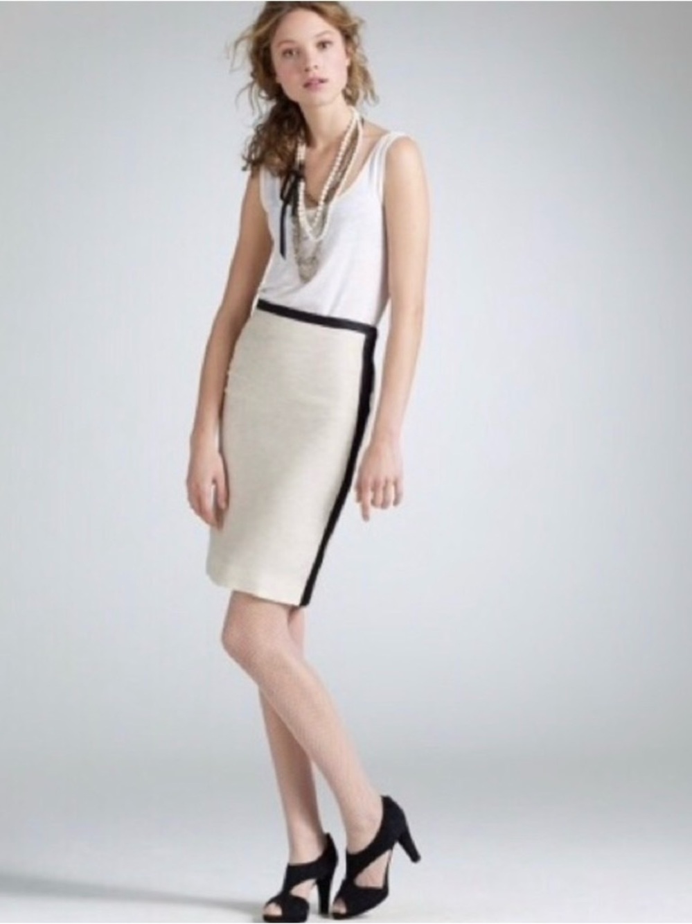 J. Crew Cream Pencil Skirt with Black Trim